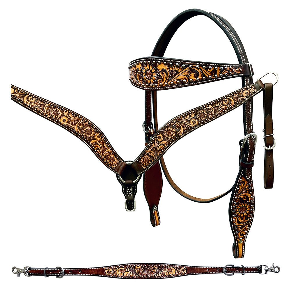 Bar H Equine Genuine Western American Leather Horse Premium Headstall &amp; Breast Collar Set