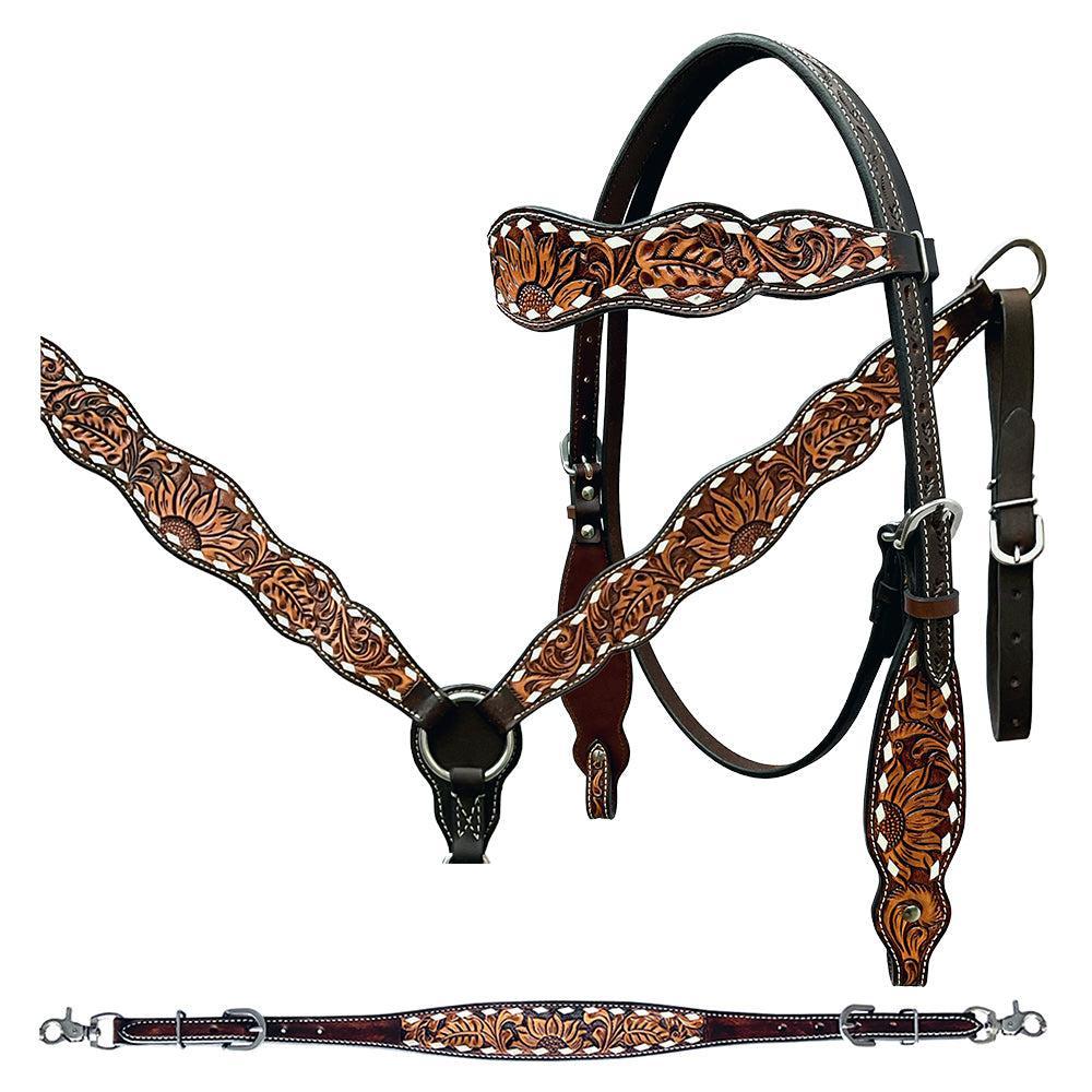 Bar H Equine Genuine Western American Leather Horse Premium Headstall &amp; Breast Collar Set