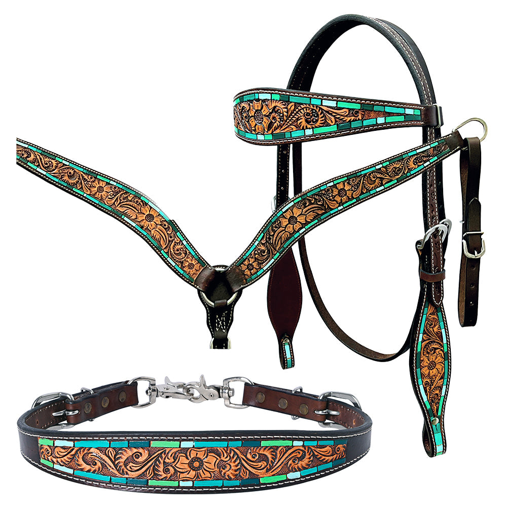 Bar H Equine Genuine Western American Leather Horse Premium Headstall &amp; Breast Collar Set