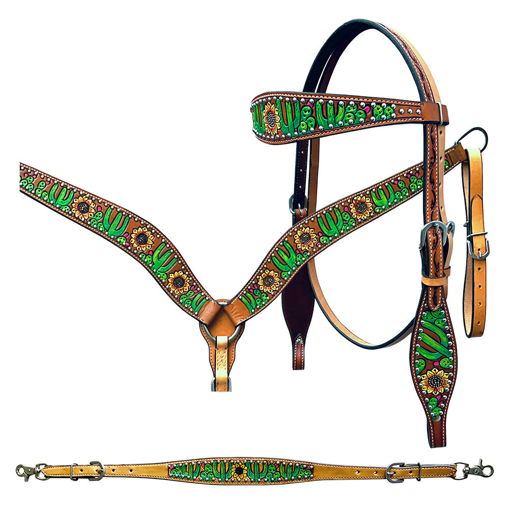 Bar H Equine Genuine Western American Leather Horse Premium Headstall &amp; Breast Collar Set