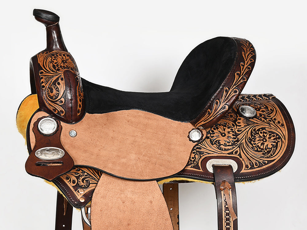 COMFYTACK Western Horse Barrel Racing American Leather Saddle Floral Carved &amp; Tack Set Dark Brown