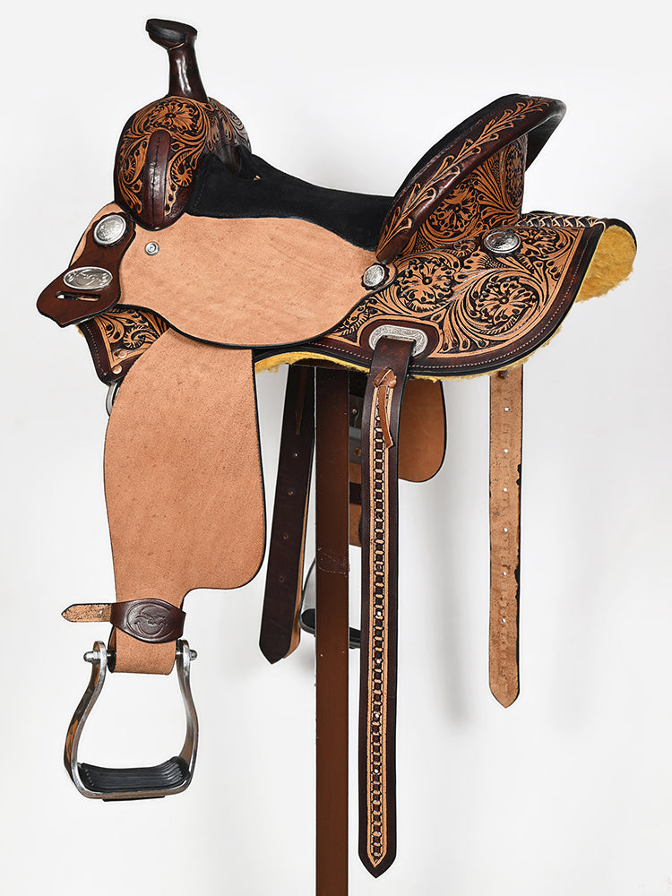COMFYTACK Western Horse Barrel Racing American Leather Saddle Floral Carved &amp; Tack Set Dark Brown