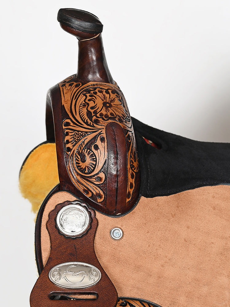 COMFYTACK Western Horse Barrel Racing American Leather Saddle Floral Carved &amp; Tack Set Dark Brown