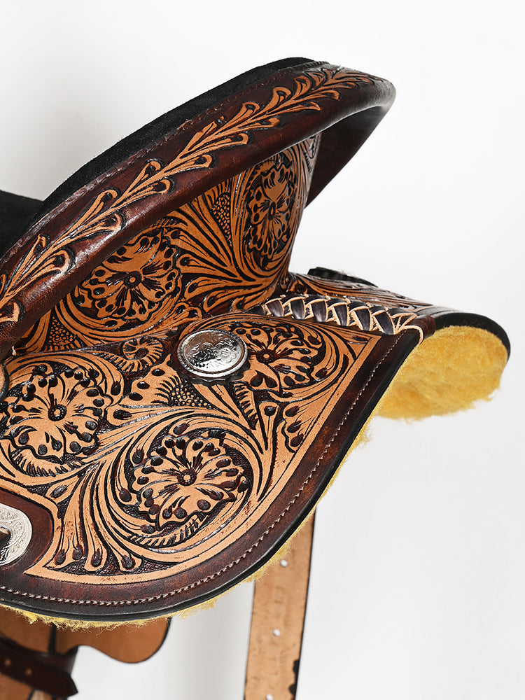 COMFYTACK Western Horse Barrel Racing American Leather Saddle Floral Carved &amp; Tack Set Dark Brown
