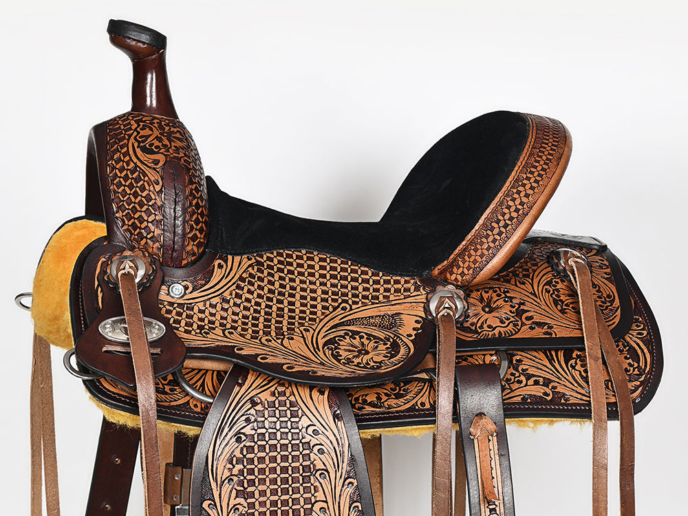 COMFYTACK Western Horse Barrel Racing American Leather Saddle Floral Carved &amp; Tack Set Dark Brown