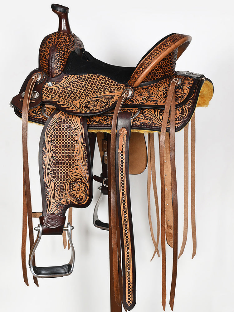 COMFYTACK Western Horse Barrel Racing American Leather Saddle Floral Carved &amp; Tack Set Dark Brown