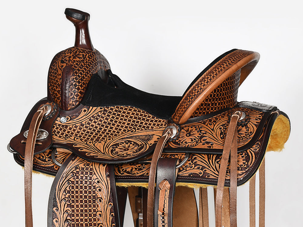 COMFYTACK Western Horse Barrel Racing American Leather Saddle Floral Carved &amp; Tack Set Dark Brown