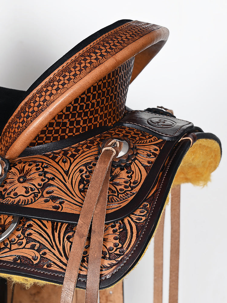 COMFYTACK Western Horse Barrel Racing American Leather Saddle Floral Carved &amp; Tack Set Dark Brown