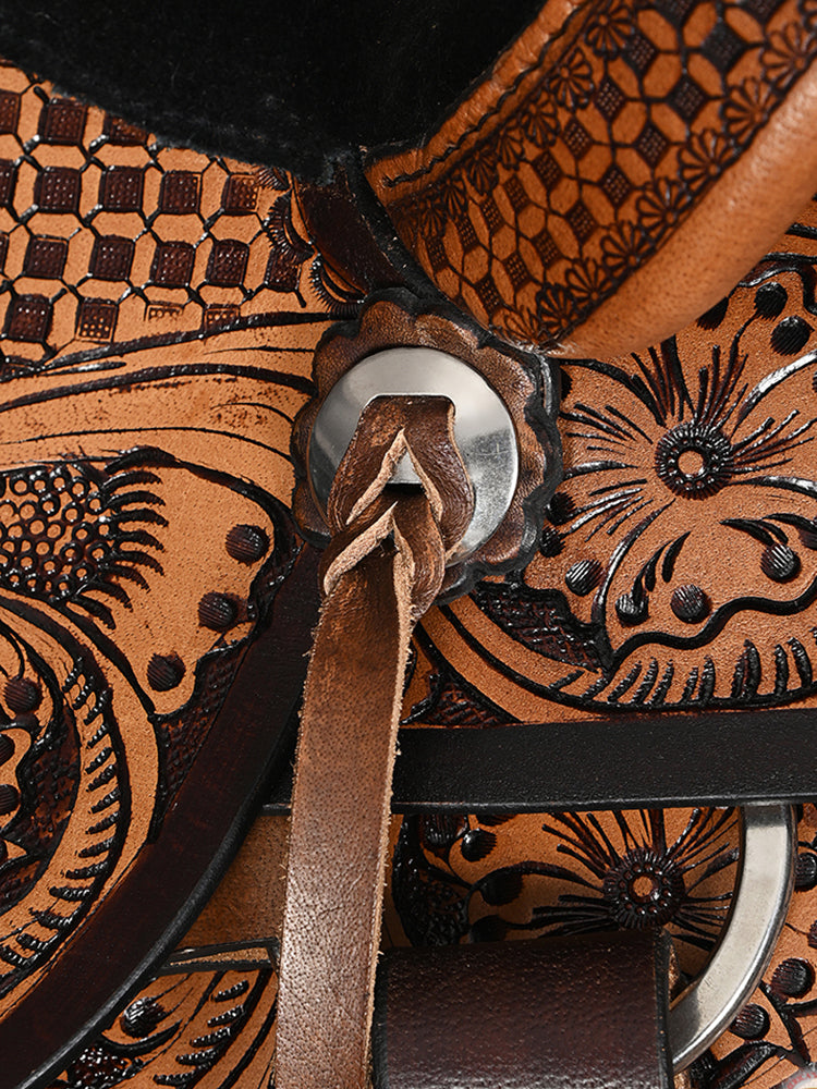 COMFYTACK Western Horse Barrel Racing American Leather Saddle Floral Carved &amp; Tack Set Dark Brown