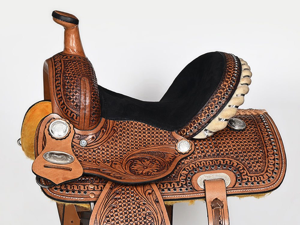 COMFYTACK Western Horse Barrel Racing American Leather Saddle Floral Carved &amp; Tack Set Brown