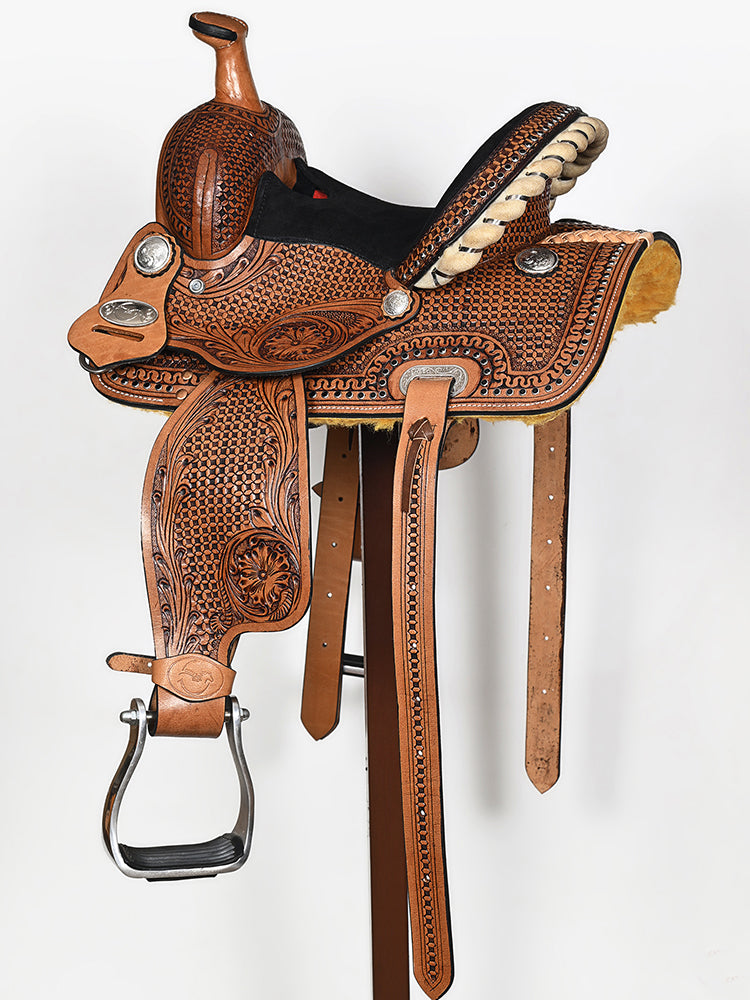 COMFYTACK Western Horse Barrel Racing American Leather Saddle Floral Carved &amp; Tack Set Brown