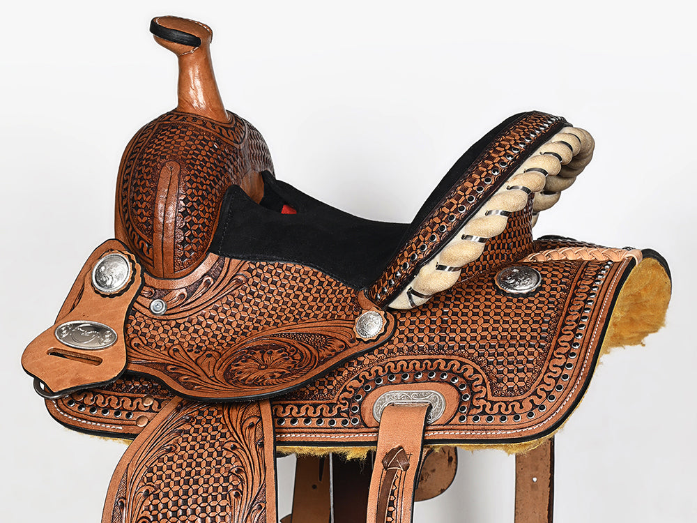 COMFYTACK Western Horse Barrel Racing American Leather Saddle Floral Carved &amp; Tack Set Brown