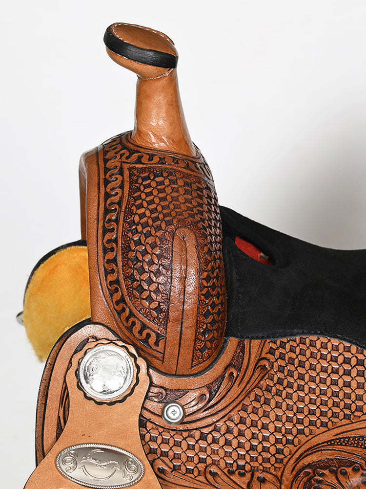 COMFYTACK Western Horse Barrel Racing American Leather Saddle Floral Carved &amp; Tack Set Brown