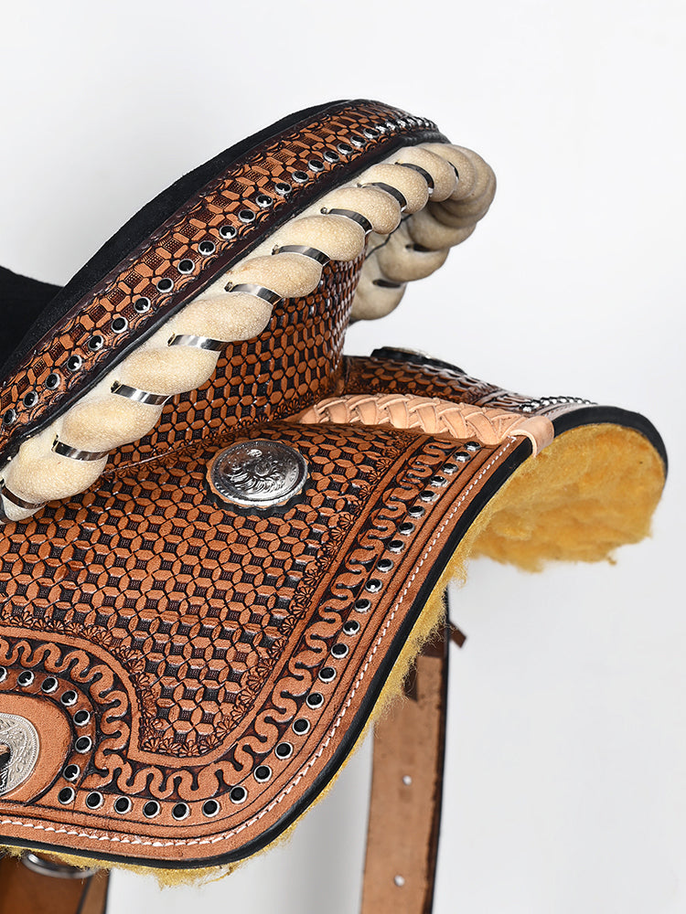 COMFYTACK Western Horse Barrel Racing American Leather Saddle Floral Carved &amp; Tack Set Brown