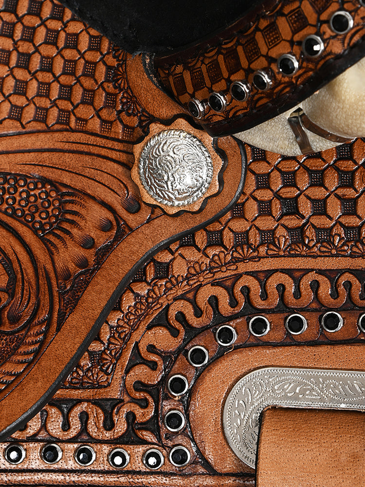 COMFYTACK Western Horse Barrel Racing American Leather Saddle Floral Carved &amp; Tack Set Brown