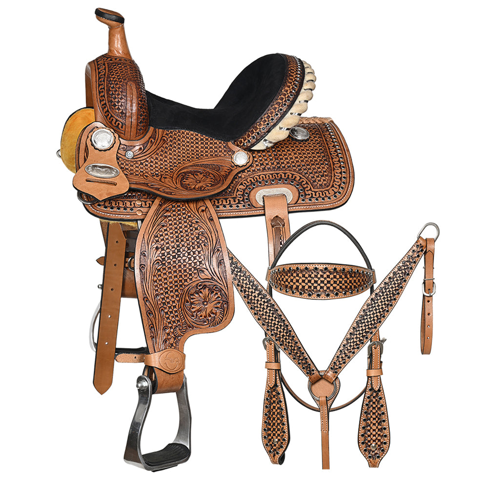 COMFYTACK Western Horse Barrel Racing American Leather Saddle Floral Carved &amp; Tack Set Brown