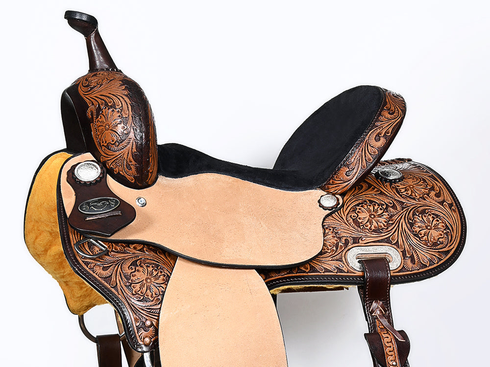 COMFYTACK Western Horse Barrel Racing American Leather Saddle Floral Carved &amp; Tack Set Dark Brown