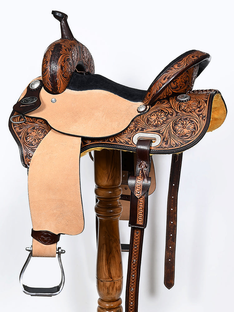 COMFYTACK Western Horse Barrel Racing American Leather Saddle Floral Carved &amp; Tack Set Dark Brown