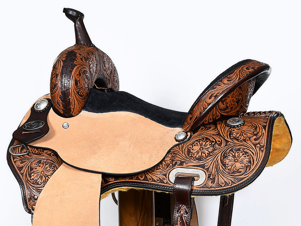 COMFYTACK Western Horse Barrel Racing American Leather Saddle Floral Carved &amp; Tack Set Dark Brown
