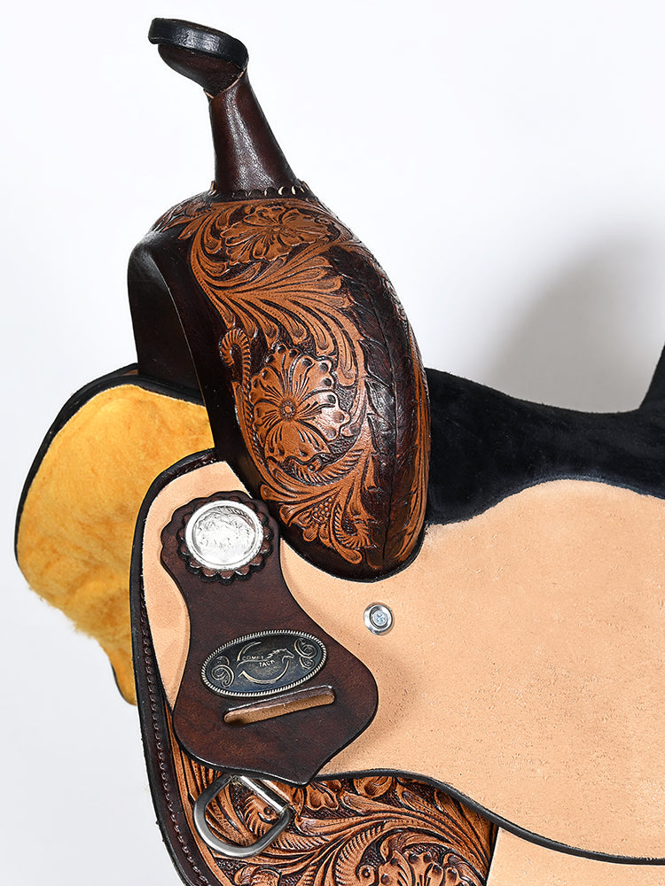COMFYTACK Western Horse Barrel Racing American Leather Saddle Floral Carved &amp; Tack Set Dark Brown