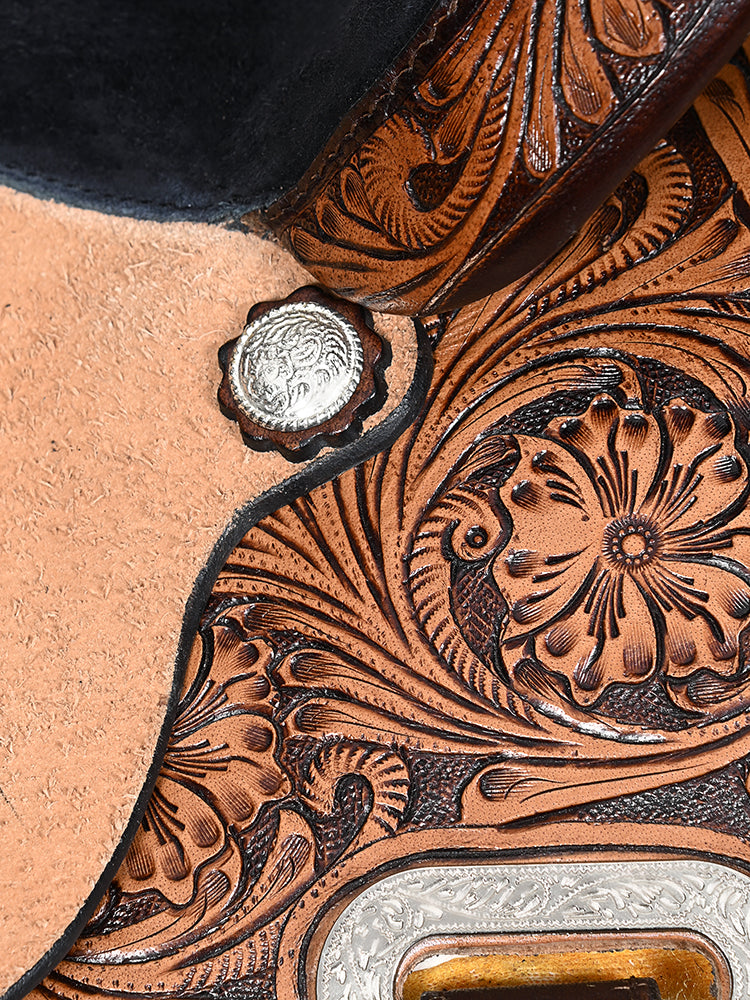 COMFYTACK Western Horse Barrel Racing American Leather Saddle Floral Carved &amp; Tack Set Dark Brown