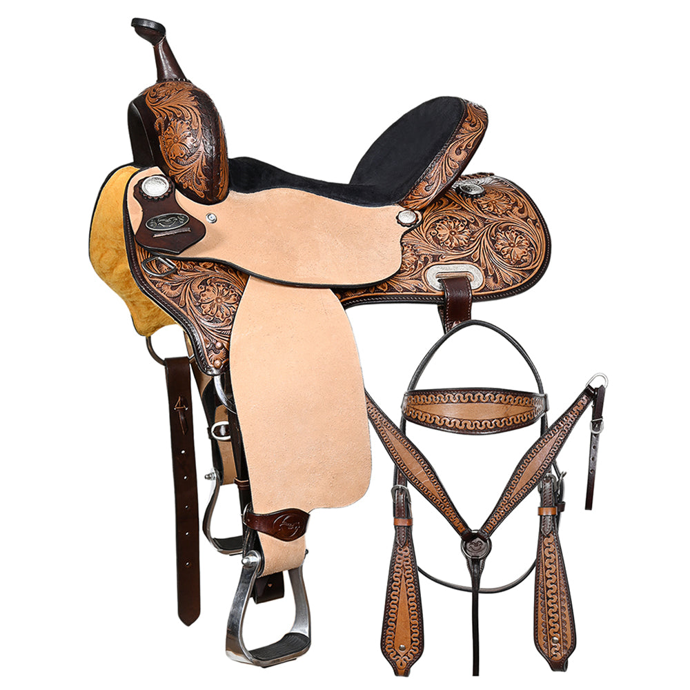 COMFYTACK Western Horse Barrel Racing American Leather Saddle Floral Carved &amp; Tack Set Dark Brown