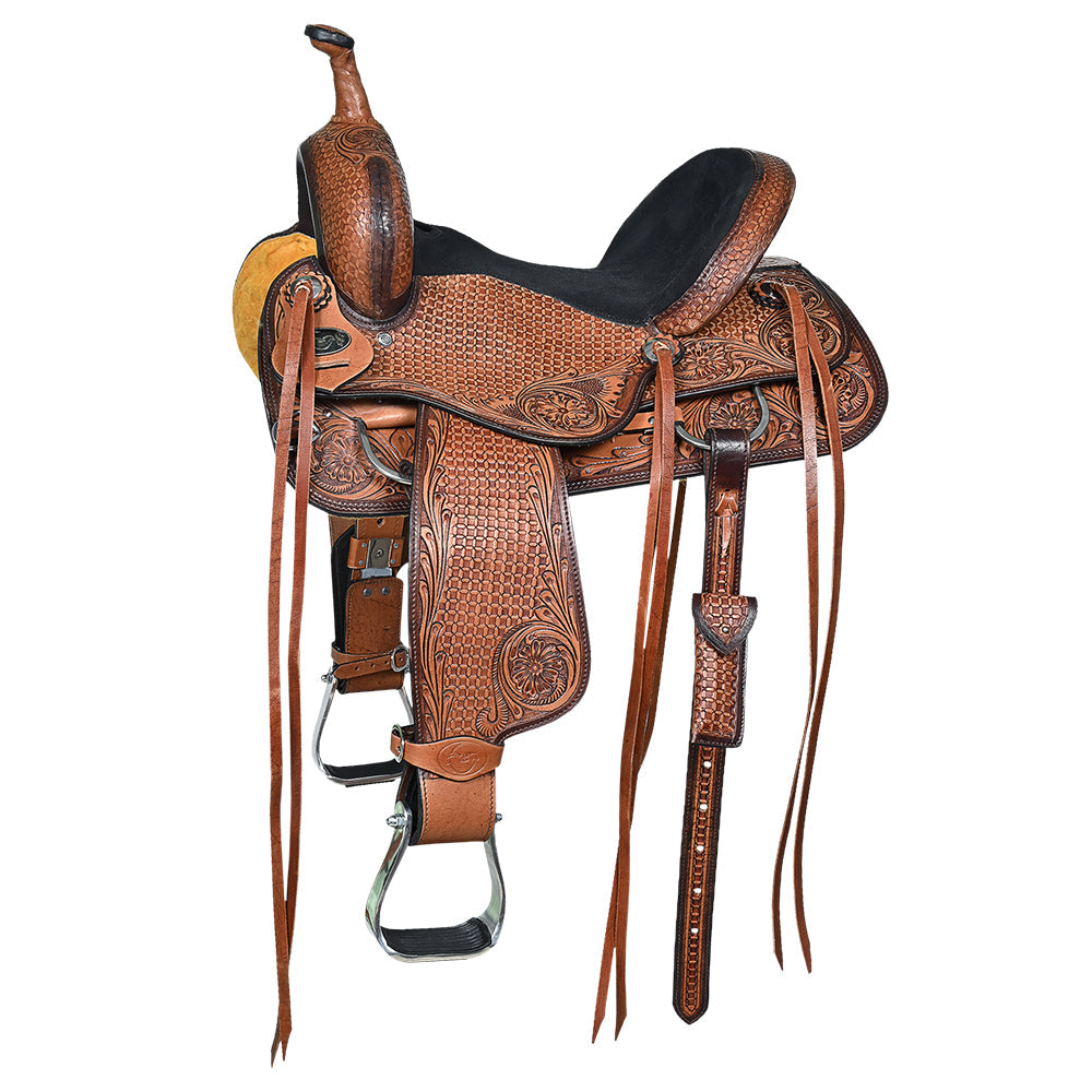 COMFYTACK Western Horse Barrel Racing American Leather Saddle Floral Carved &amp; Tack Set Dark Brown