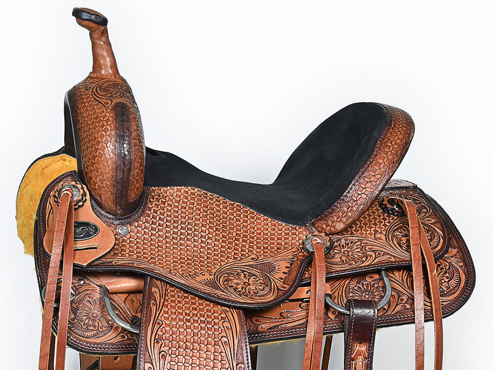 COMFYTACK Western Horse Barrel Racing American Leather Saddle Floral Carved &amp; Tack Set Dark Brown