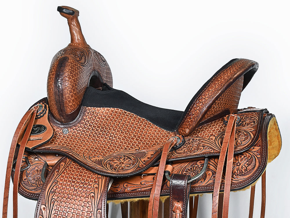 COMFYTACK Western Horse Barrel Racing American Leather Saddle Floral Carved &amp; Tack Set Dark Brown