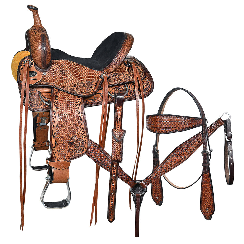 COMFYTACK Western Horse Barrel Racing American Leather Saddle Floral Carved &amp; Tack Set Dark Brown