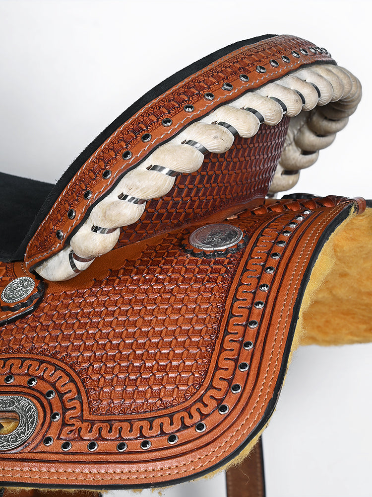 COMFYTACK Western Horse Barrel Racing American Leather Saddle Floral Carved &amp; Tack Set Brown