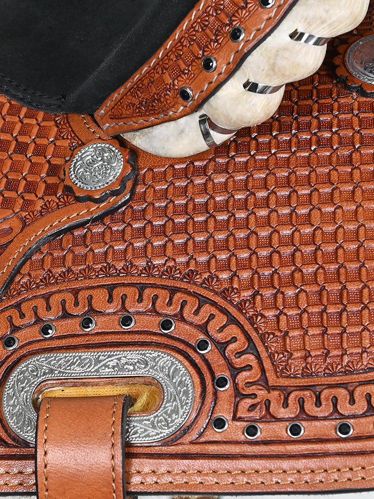 COMFYTACK Western Horse Barrel Racing American Leather Saddle Floral Carved &amp; Tack Set Brown