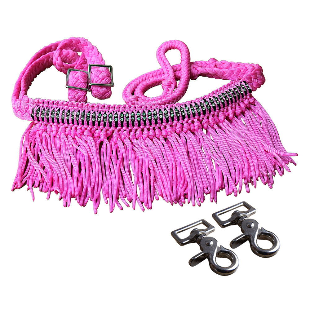 1" X 8Ft Hilason Braided Barrel Horse Racing Reins Knots Fringe Crystal W/ Snaps