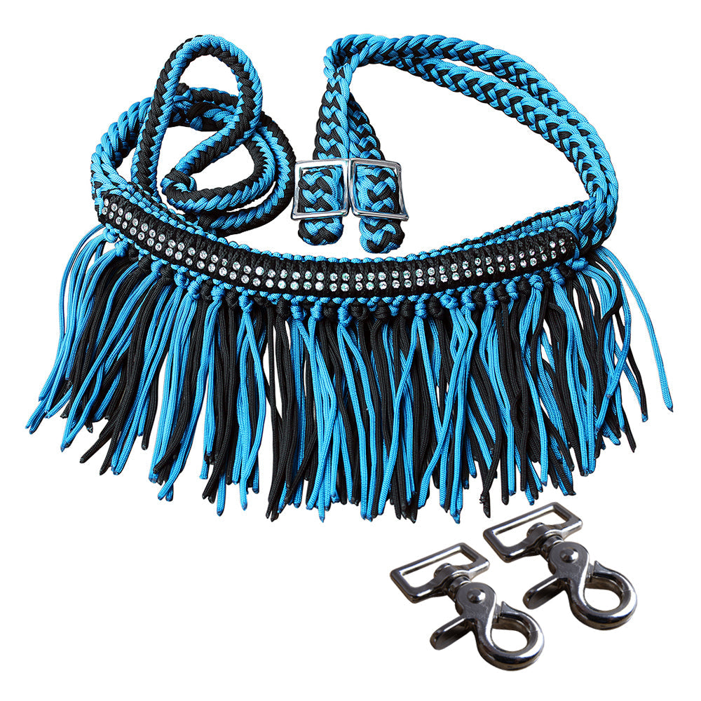 1" X 8Ft Hilason Braided Barrel Horse Racing Reins Knots Fringe Crystal W/ Snaps
