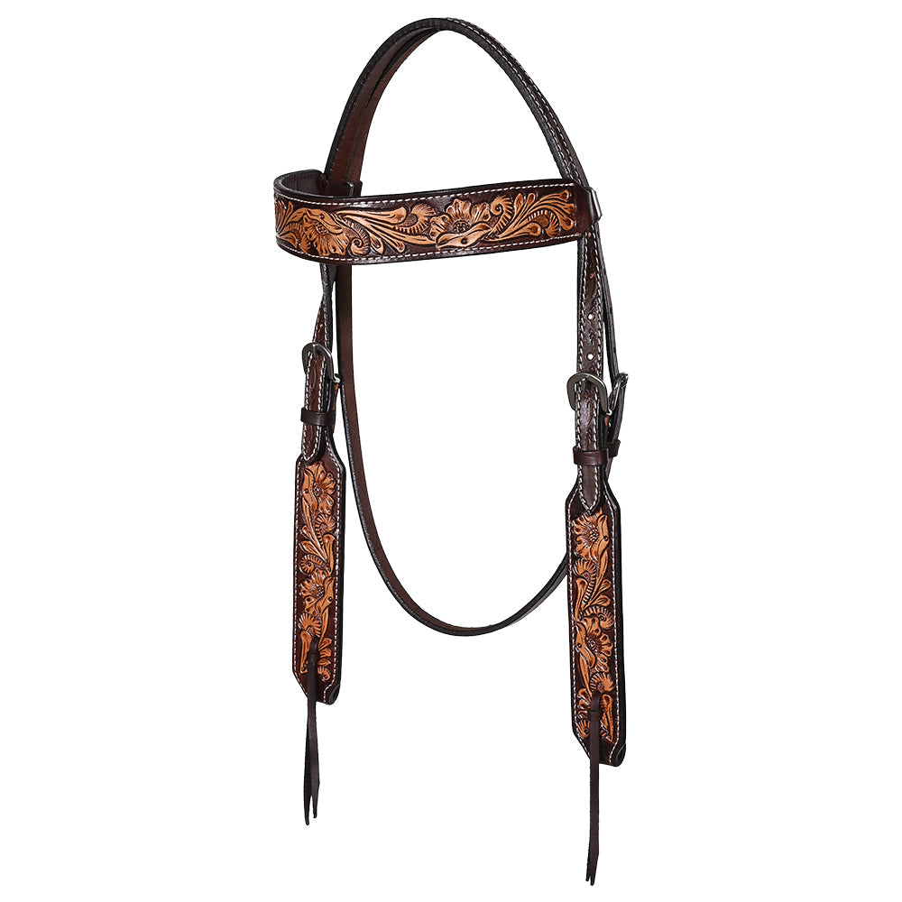 Bar H Equine Western Leather Headstall &amp; Breast Collar Floral Dark Brown