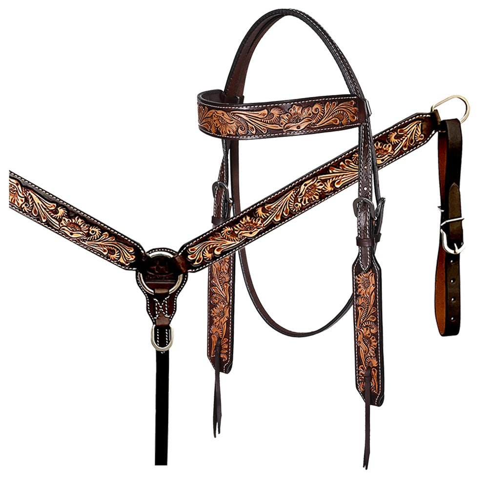 Bar H Equine Western Leather Headstall &amp; Breast Collar Floral Dark Brown