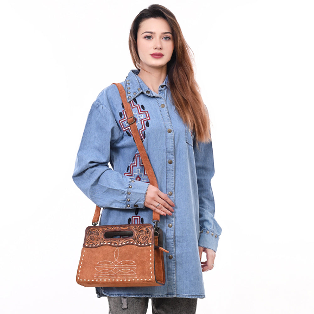 American Darling ADBG1658 Cross Body Hand Tooled Suede Genuine Western Leather Women Bag Western Handbag Purse