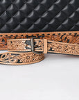 American Darling Genuine Leather Hand-Tooled Floral Quilted Tote Bag Shoulder Purse with YKK Zipper - 12in X 16in