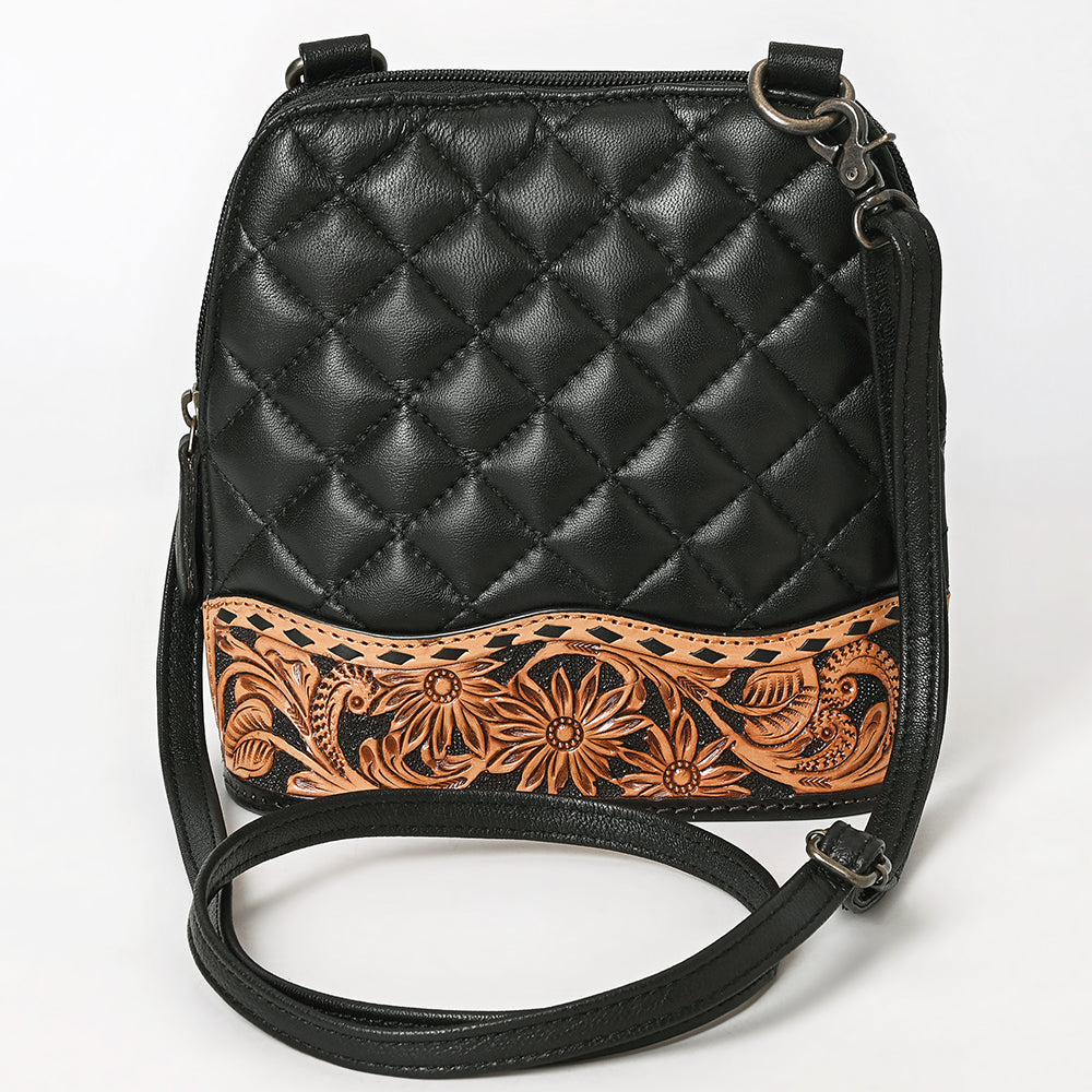American Darling Western Cross Body Bag Handcrafted from Quilted &amp; Hand-Tooled Genuine Leather | Floral Carved Accent, Buckstitch &amp; YKK Zipper