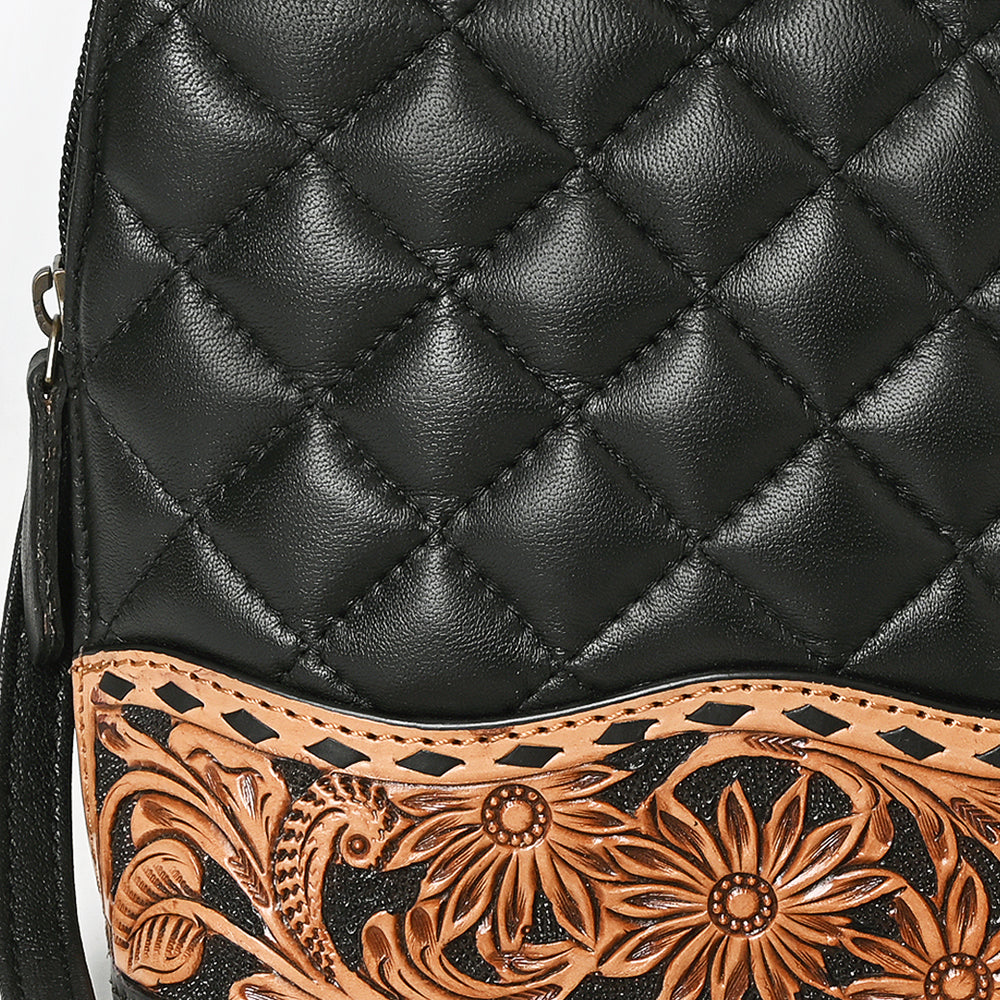 American Darling Western Cross Body Bag Handcrafted from Quilted &amp; Hand-Tooled Genuine Leather | Floral Carved Accent, Buckstitch &amp; YKK Zipper