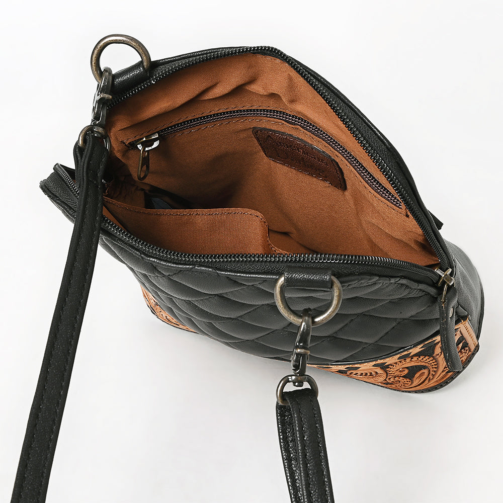 American Darling Western Cross Body Bag Handcrafted from Quilted &amp; Hand-Tooled Genuine Leather | Floral Carved Accent, Buckstitch &amp; YKK Zipper