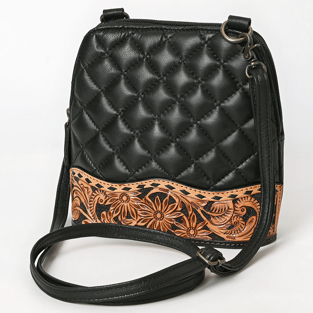 American Darling Western Cross Body Bag Handcrafted from Quilted &amp; Hand-Tooled Genuine Leather | Floral Carved Accent, Buckstitch &amp; YKK Zipper