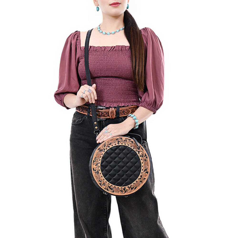 American Darling Black Western Round Canteen Bag Handcrafted from Quilted &amp; Hand-Tooled Genuine Leather | Floral Carved Frame, Buckstitch &amp; YKK Zipper