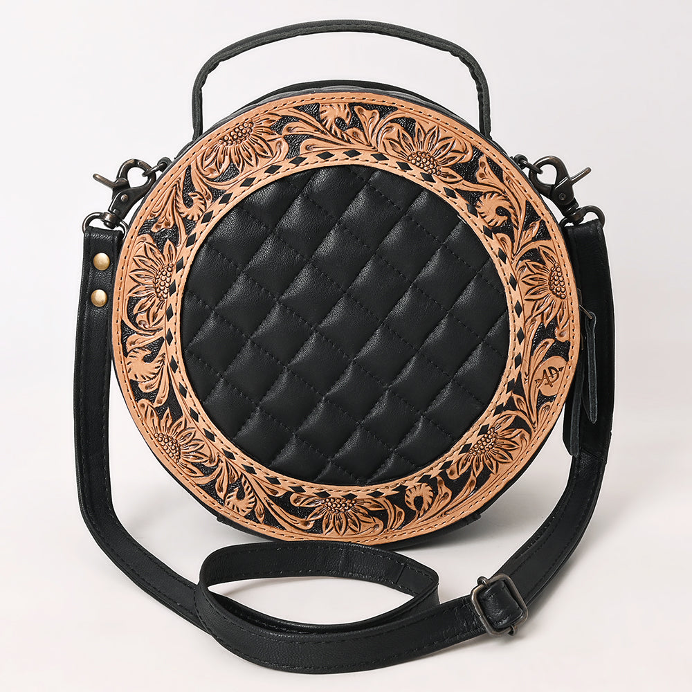 American Darling Black Western Round Canteen Bag Handcrafted from Quilted &amp; Hand-Tooled Genuine Leather | Floral Carved Frame, Buckstitch &amp; YKK Zipper
