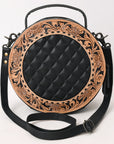American Darling Black Western Round Canteen Bag Handcrafted from Quilted & Hand-Tooled Genuine Leather | Floral Carved Frame, Buckstitch & YKK Zipper