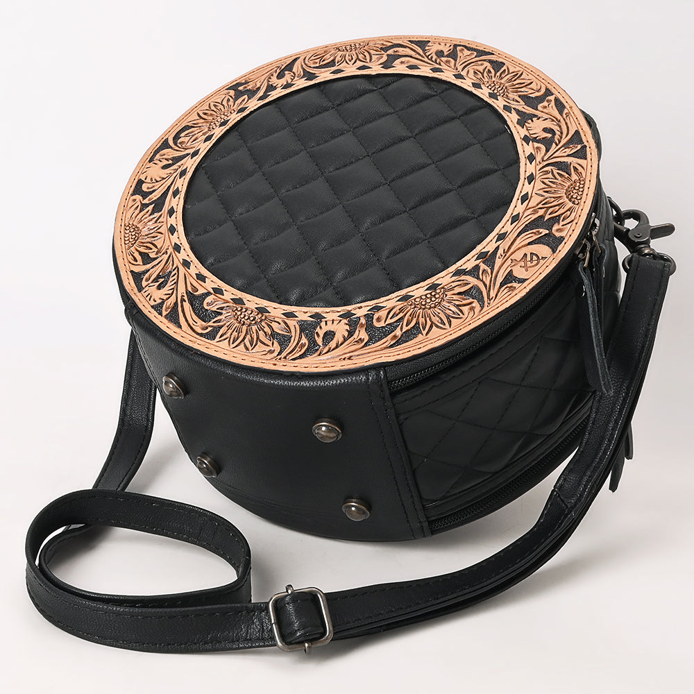 American Darling Black Western Round Canteen Bag Handcrafted from Quilted &amp; Hand-Tooled Genuine Leather | Floral Carved Frame, Buckstitch &amp; YKK Zipper