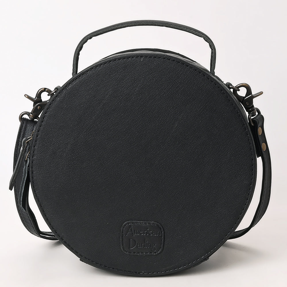 American Darling Black Western Round Canteen Bag Handcrafted from Quilted &amp; Hand-Tooled Genuine Leather | Floral Carved Frame, Buckstitch &amp; YKK Zipper