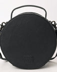 American Darling Black Western Round Canteen Bag Handcrafted from Quilted & Hand-Tooled Genuine Leather | Floral Carved Frame, Buckstitch & YKK Zipper