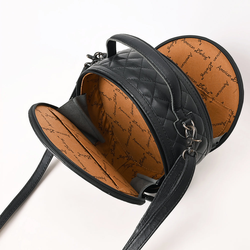 American Darling Black Western Round Canteen Bag Handcrafted from Quilted &amp; Hand-Tooled Genuine Leather | Floral Carved Frame, Buckstitch &amp; YKK Zipper