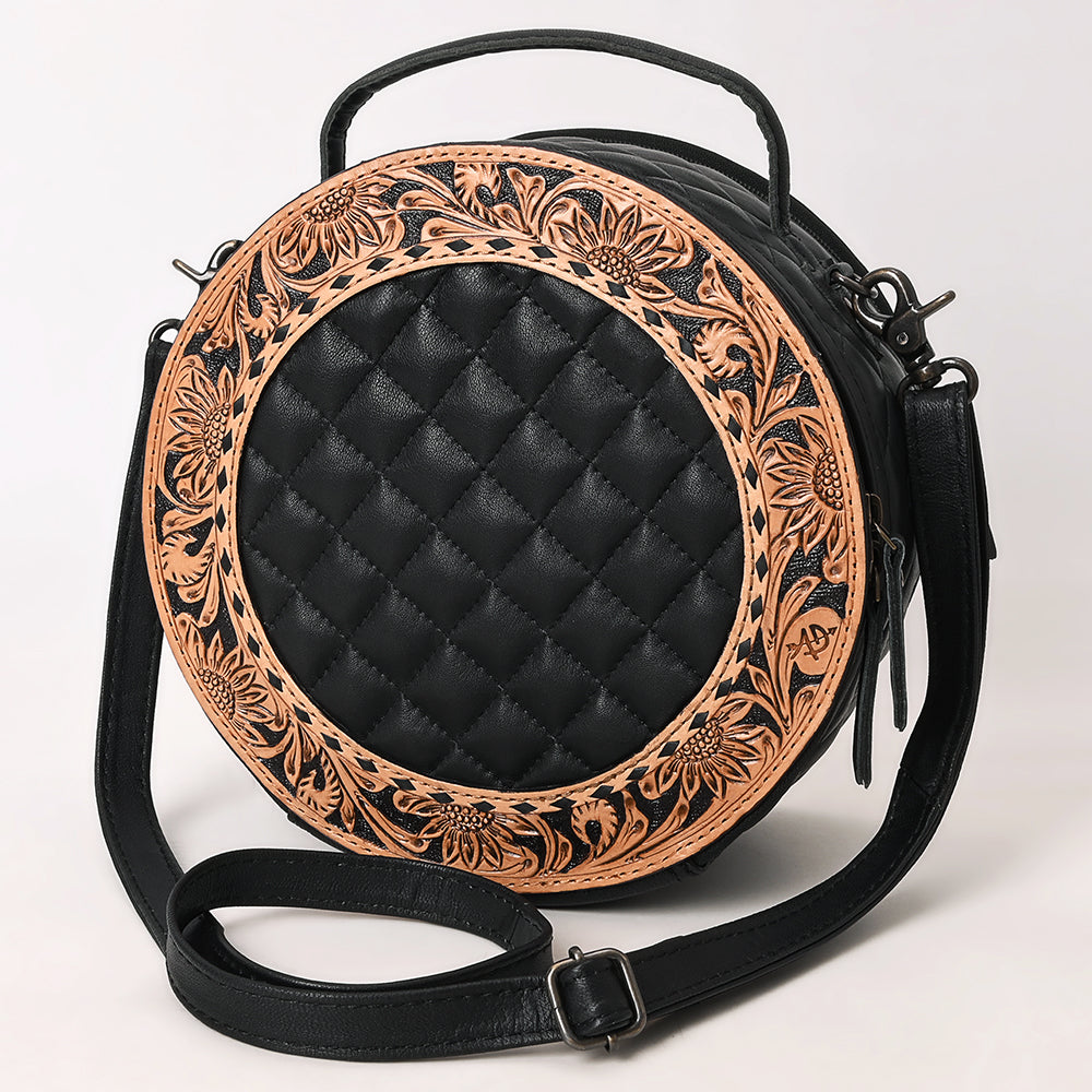 American Darling Black Western Round Canteen Bag Handcrafted from Quilted &amp; Hand-Tooled Genuine Leather | Floral Carved Frame, Buckstitch &amp; YKK Zipper